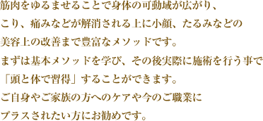 筋肉をゆるませることで身体の可動域が広がり、こり、痛みなどが解消される上に小顔、たるみなどの美容上の改善まで豊富なメソッドです。まずは基本メソッドを学び、その後実際に施術を行う事で「頭と体で習得」することができます。ご自身やご家族の方へのケアや今のご職業にプラスされたい方にお勧めです。 